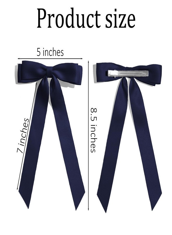 TULOBI 2PCS Navy Blue Hair Bows Solid Satin Polyester Ribbon Bow Hair Clips Ponytail Big French Hair Barrettes with Long Tail Wedding Dress Decor Hair Accessories for Women Toddler Teen Girls - Image 2